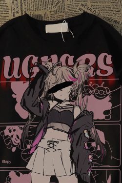 Plus Size American Retro Streetwear Anime Girl Short Sleeve T-Shirt for Men - Casual Loose Fit Cotton Couple Top