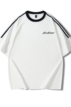 Plus Size American Retro Three-Stripe Cotton Short Sleeve T-Shirt for Women - Chic Loose Fit Hong Kong Style Top