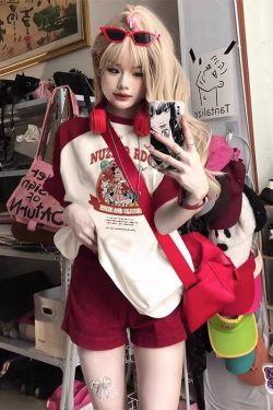 Plus Size American Retro Wine Red Raglan Sleeve Short Sleeve T-Shirt - Trendy Loose Fit Dopamine Style for Women