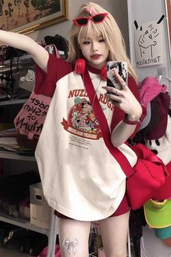 Plus Size American Retro Wine Red Raglan Sleeve Short Sleeve T-Shirt - Trendy Loose Fit Dopamine Style for Women