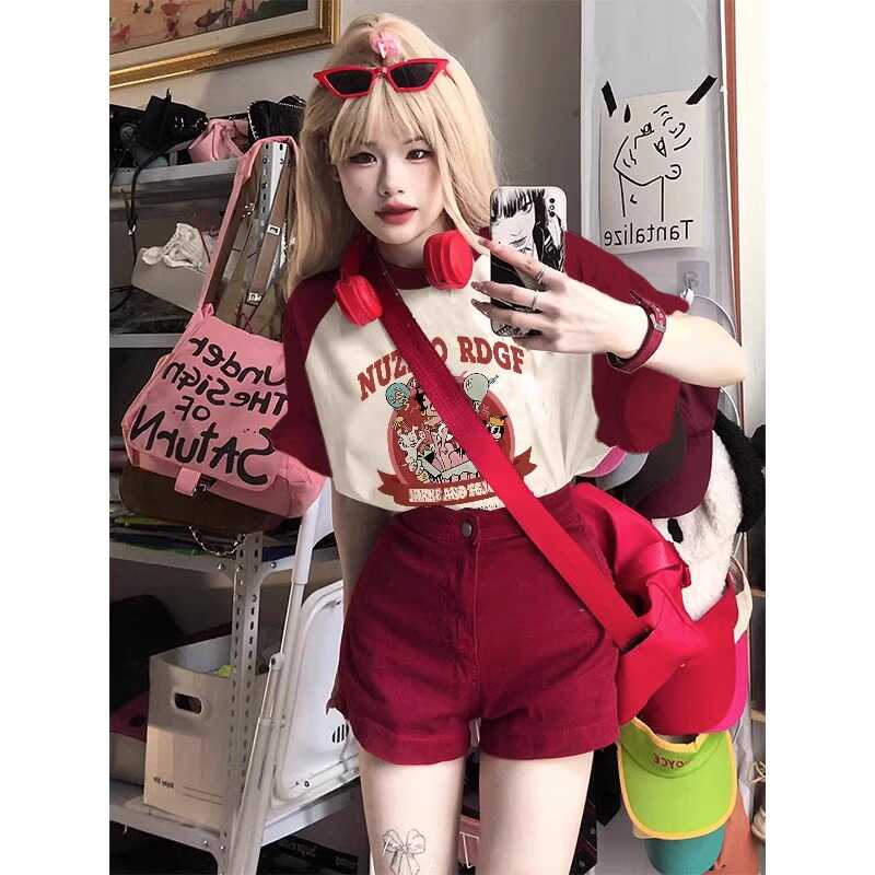 Plus Size American Retro Wine Red Raglan Sleeve Short Sleeve T-Shirt - Trendy Loose Fit Dopamine Style for Women Plus Size American Retro Wine Red Raglan Sleeve Short Sleeve T-Shirt - Trendy Loose Fit Dopamine Style for Women