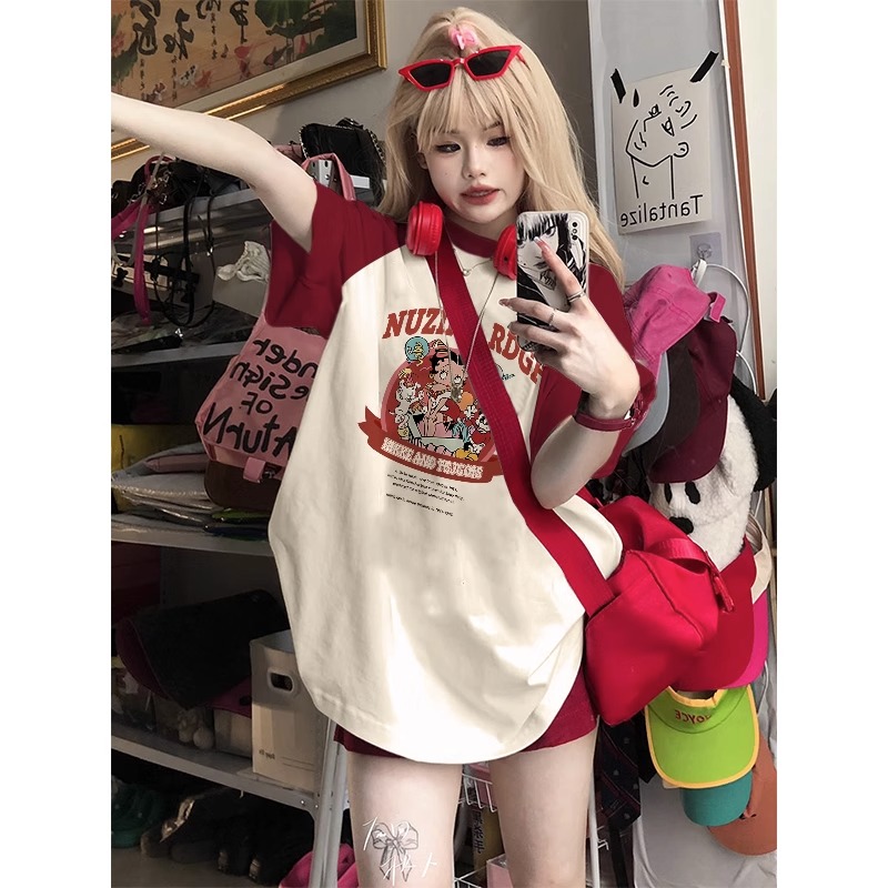 Plus Size American Retro Wine Red Raglan Sleeve Short Sleeve T-Shirt - Trendy Loose Fit Dopamine Style for Women Plus Size American Retro Wine Red Raglan Sleeve Short Sleeve T-Shirt - Trendy Loose Fit Dopamine Style for Women