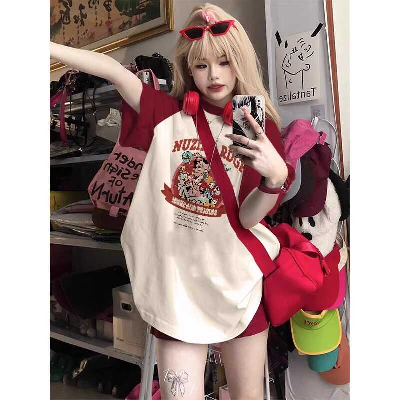 Plus Size American Retro Wine Red Raglan Sleeve Short Sleeve T-Shirt - Trendy Loose Fit Dopamine Style for Women Plus Size American Retro Wine Red Raglan Sleeve Short Sleeve T-Shirt - Trendy Loose Fit Dopamine Style for Women