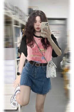 Plus Size Black and Pink Color-Block Half Sleeve T-Shirt - American Retro Sweet Style, Loose Fit, Cotton for Women