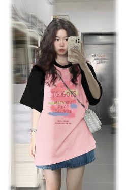 Plus Size Black and Pink Color-Block Half Sleeve T-Shirt - American Retro Sweet Style, Loose Fit, Cotton for Women