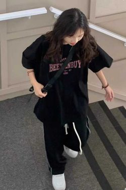 Plus Size Black Cotton Loose Fit Short Sleeve T-Shirt for Women - Trendy American Retro Style Top