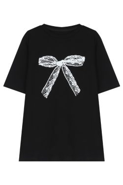 Plus-Size Black Lace Bow Short Sleeve T-Shirt - Loose Mid-Length Korean Style Top for Women
