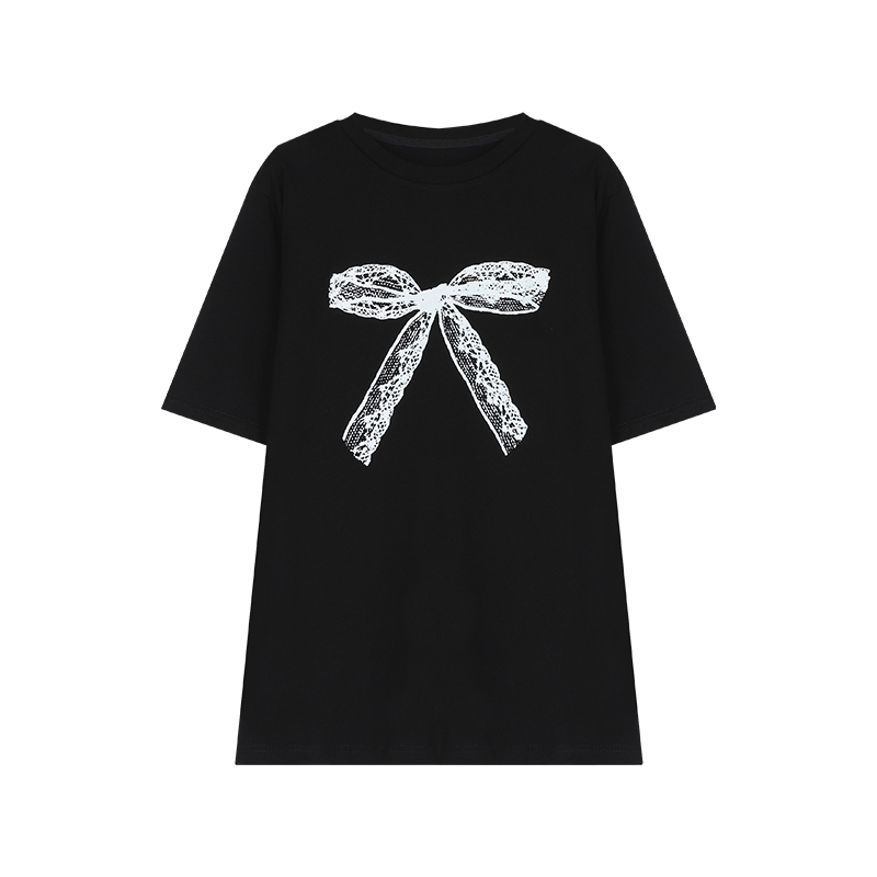 Plus-Size Black Lace Bow Short Sleeve T-Shirt - Loose Mid-Length Korean Style Top for Women Plus-Size Black Lace Bow Short Sleeve T-Shirt - Loose Mid-Length Korean Style Top for Women