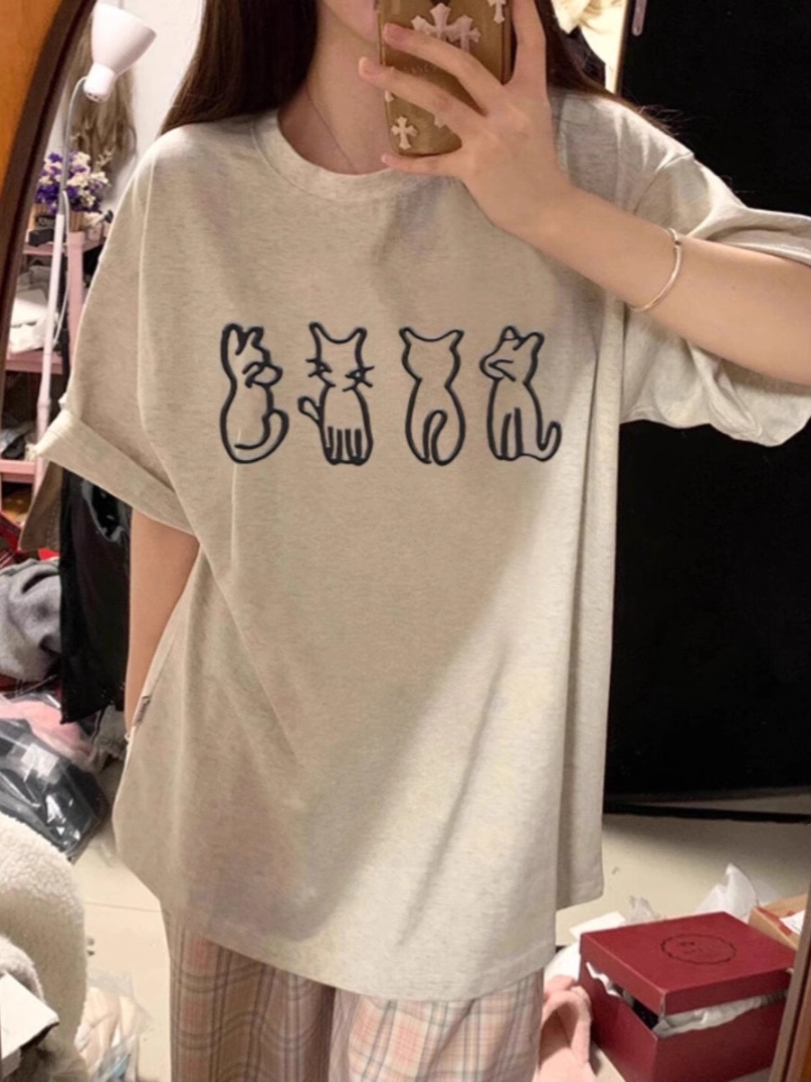 Plus Size Cartoon Fun Vintage Pure Cotton Short Sleeve T-Shirt for Couples - Unisex Loose Fit, Y2K Style, INS Trend Plus Size Cartoon Fun Vintage Pure Cotton Short Sleeve T-Shirt for Couples - Unisex Loose Fit, Y2K Style, INS Trend