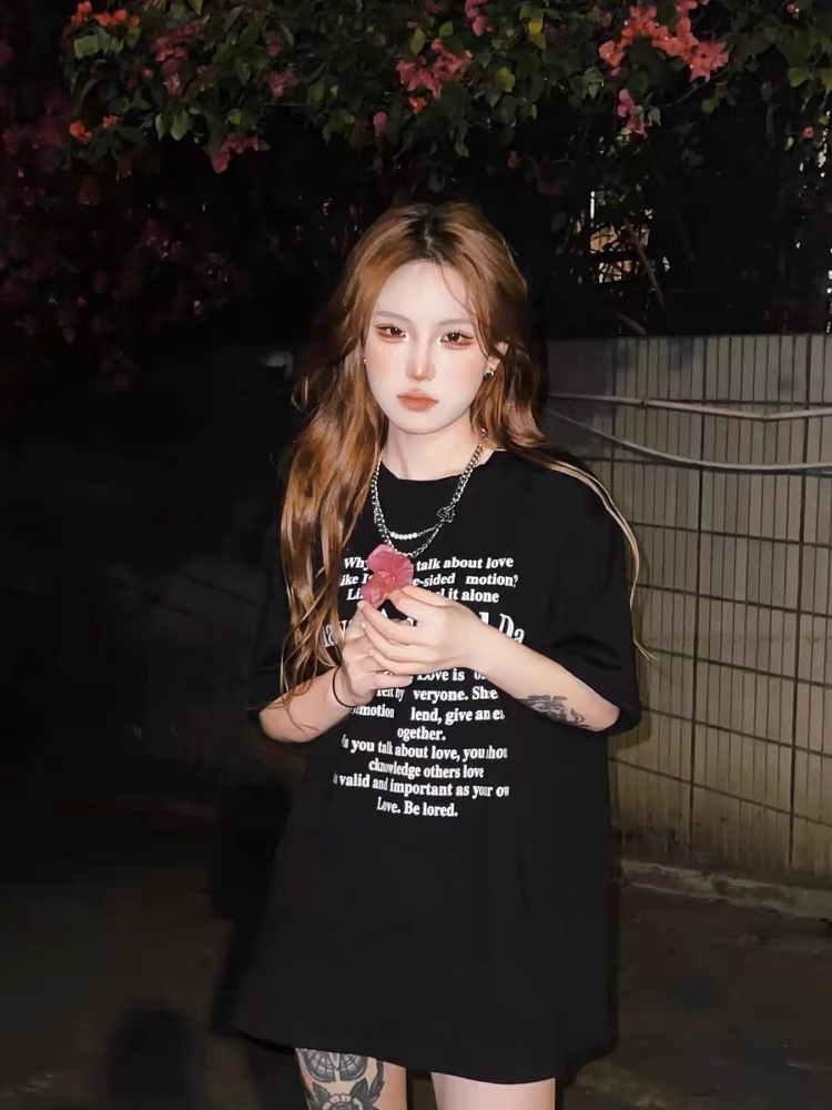 Plus Size Casual Black Cotton Short Sleeve T-Shirt for Women - Spicy Girl American Style Mid-Length Top, Lazy Hong Kong Vibe Plus Size Casual Black Cotton Short Sleeve T-Shirt for Women - Spicy Girl American Style Mid-Length Top, Lazy Hong Kong Vibe