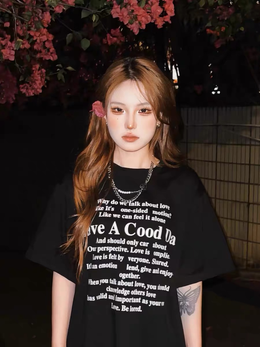 Plus Size Casual Black Cotton Short Sleeve T-Shirt for Women - Spicy Girl American Style Mid-Length Top, Lazy Hong Kong Vibe Plus Size Casual Black Cotton Short Sleeve T-Shirt for Women - Spicy Girl American Style Mid-Length Top, Lazy Hong Kong Vibe