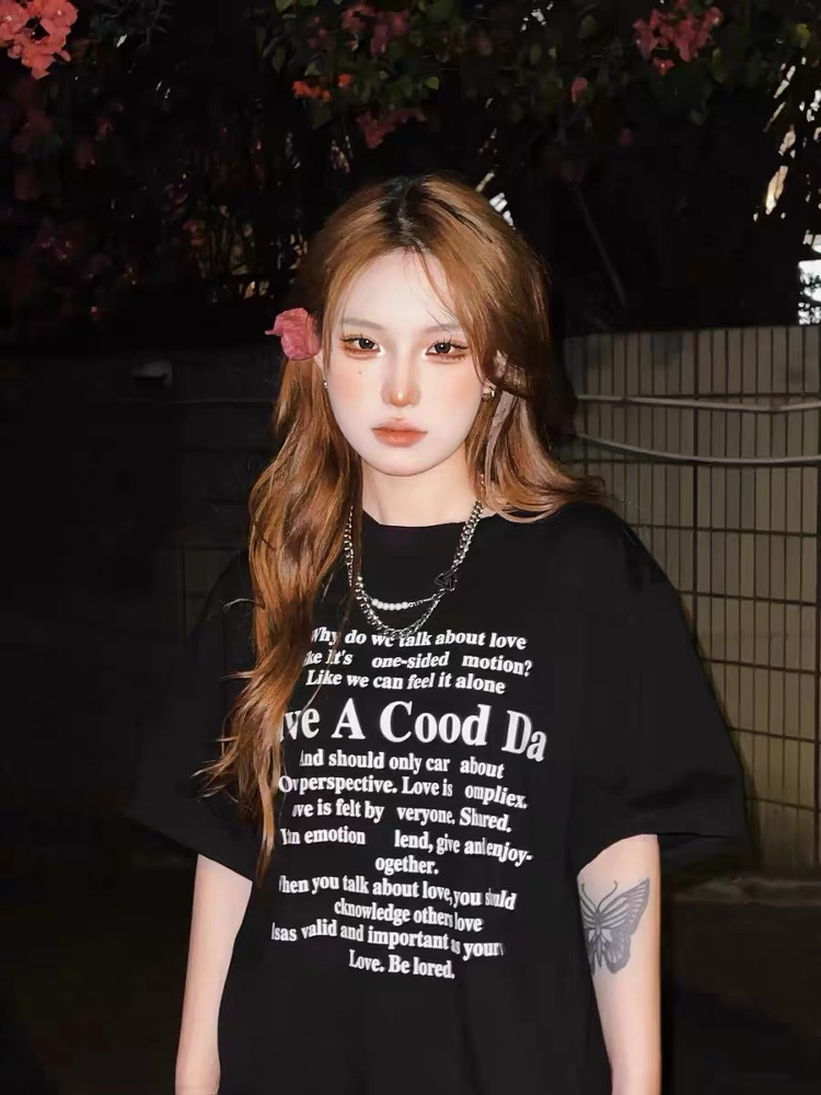 Plus Size Casual Black Cotton Short Sleeve T-Shirt for Women - Spicy Girl American Style Mid-Length Top, Lazy Hong Kong Vibe Plus Size Casual Black Cotton Short Sleeve T-Shirt for Women - Spicy Girl American Style Mid-Length Top, Lazy Hong Kong Vibe