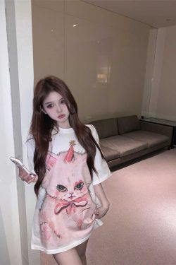 Plus Size Cat Print Mid-Length T-Shirt for Women - Round Neck, Short Sleeve, Loose Casual, Korean Style Cotton Top