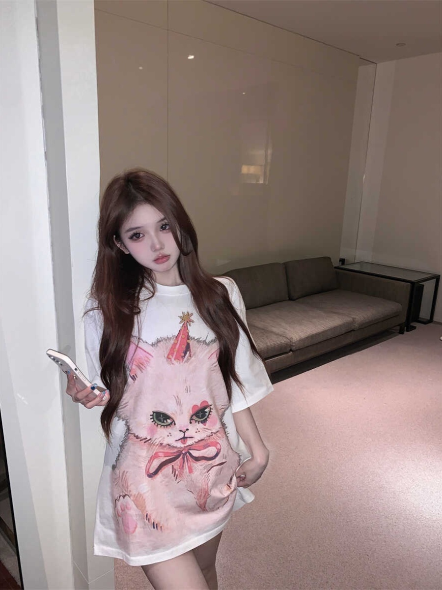 Plus Size Cat Print Mid-Length T-Shirt for Women - Round Neck, Short Sleeve, Loose Casual, Korean Style Cotton Top Plus Size Cat Print Mid-Length T-Shirt for Women - Round Neck, Short Sleeve, Loose Casual, Korean Style Cotton Top