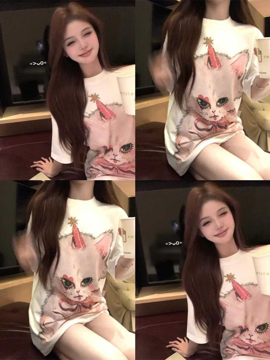 Plus Size Cat Print Mid-Length T-Shirt for Women - Round Neck, Short Sleeve, Loose Casual, Korean Style Cotton Top Plus Size Cat Print Mid-Length T-Shirt for Women - Round Neck, Short Sleeve, Loose Casual, Korean Style Cotton Top