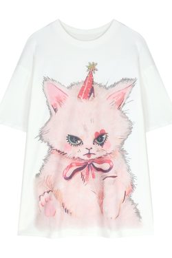 Plus Size Cat Print Mid-Length T-Shirt for Women - Round Neck, Short Sleeve, Loose Casual, Korean Style Cotton Top