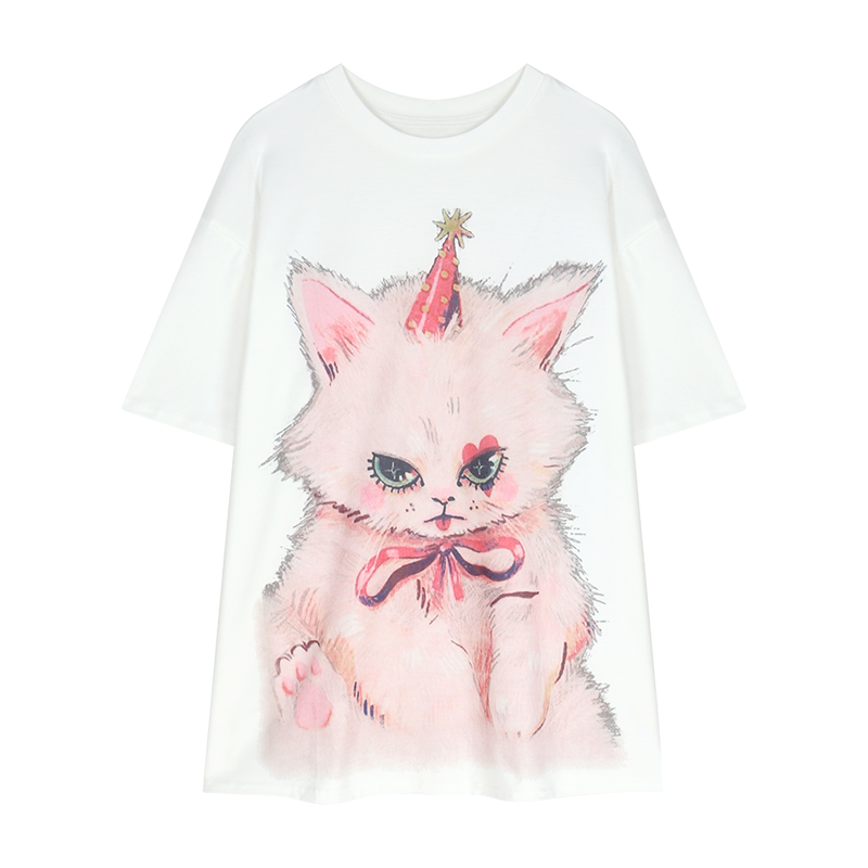 Plus Size Cat Print Mid-Length T-Shirt for Women - Round Neck, Short Sleeve, Loose Casual, Korean Style Cotton Top Plus Size Cat Print Mid-Length T-Shirt for Women - Round Neck, Short Sleeve, Loose Casual, Korean Style Cotton Top