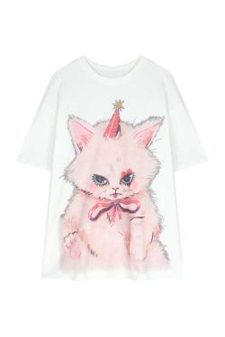Plus Size Cat Print Mid-Length T-Shirt for Women - Round Neck, Short Sleeve, Loose Casual, Korean Style Cotton Top
