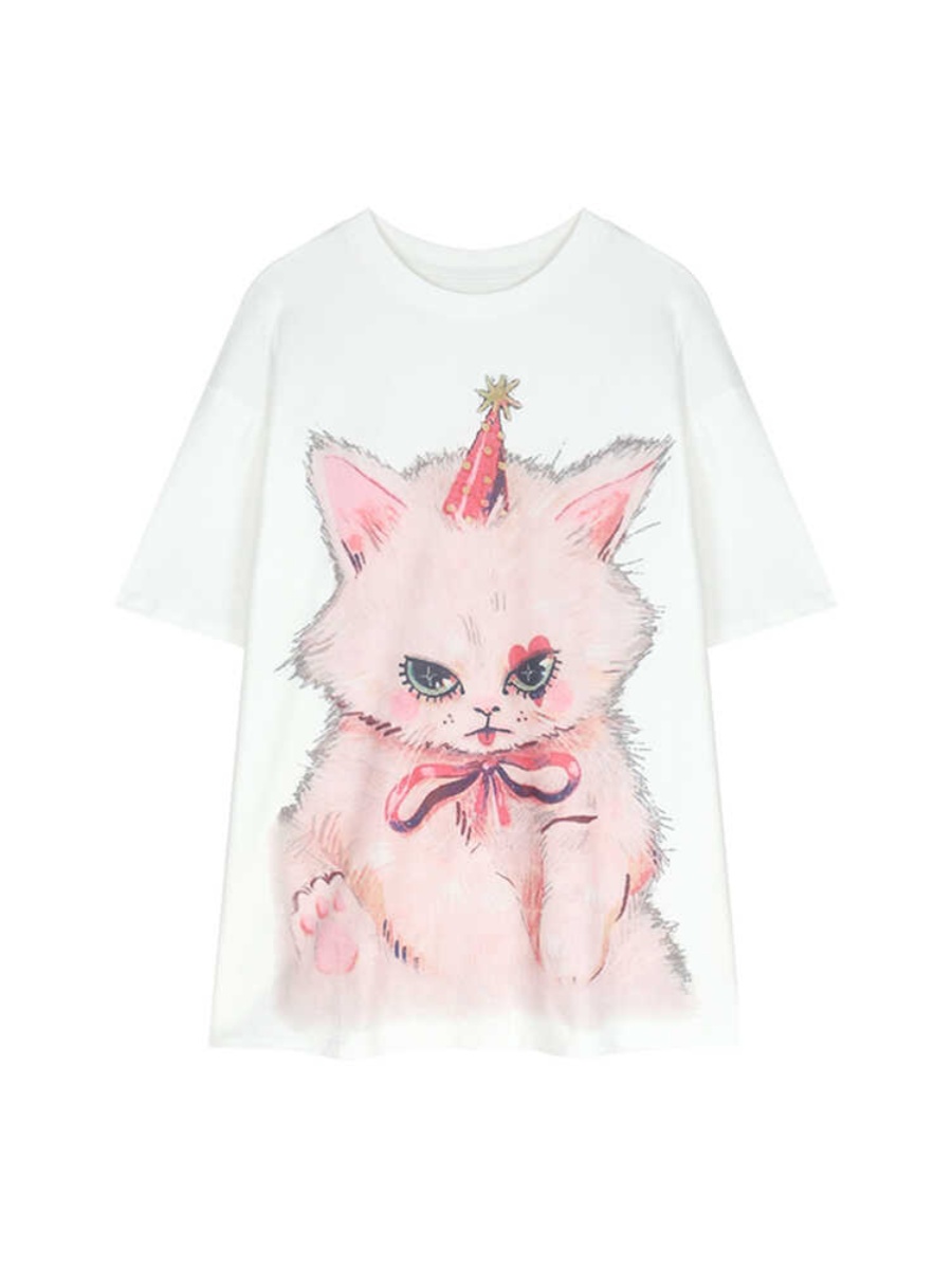 Plus Size Cat Print Mid-Length T-Shirt for Women - Round Neck, Short Sleeve, Loose Casual, Korean Style Cotton Top Plus Size Cat Print Mid-Length T-Shirt for Women - Round Neck, Short Sleeve, Loose Casual, Korean Style Cotton Top