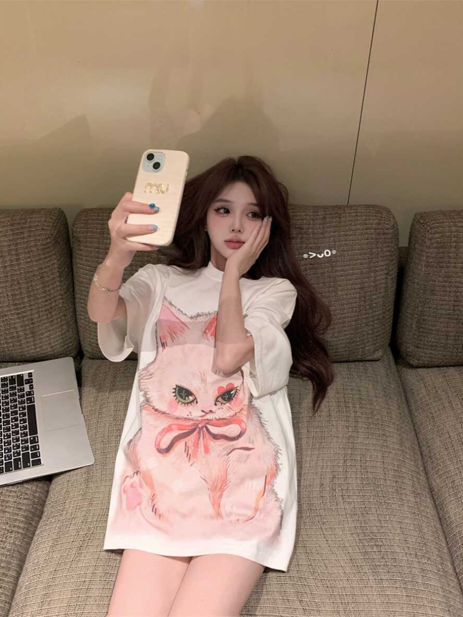 Plus Size Cat Print Mid-Length T-Shirt for Women - Round Neck, Short Sleeve, Loose Casual, Korean Style Cotton Top Plus Size Cat Print Mid-Length T-Shirt for Women - Round Neck, Short Sleeve, Loose Casual, Korean Style Cotton Top