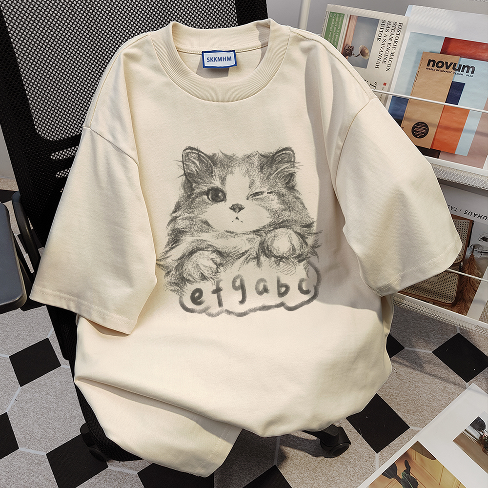 Plus Size Cat Print Short Sleeve T-Shirt for Women - Loose Fit Trendy American Style - Pure Cotton Niche Design Plus Size Cat Print Short Sleeve T-Shirt for Women - Loose Fit Trendy American Style - Pure Cotton Niche Design