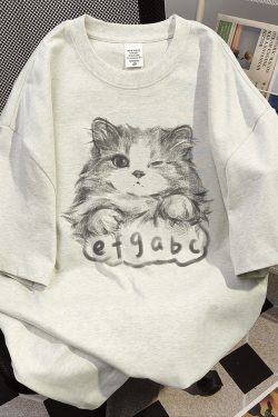 Plus Size Cat Print Short Sleeve T-Shirt for Women - Loose Fit Trendy American Style - Pure Cotton Niche Design