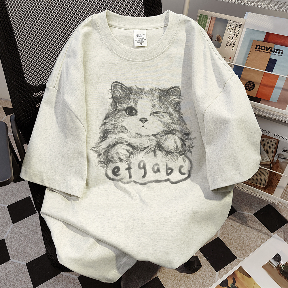 Plus Size Cat Print Short Sleeve T-Shirt for Women - Loose Fit Trendy American Style - Pure Cotton Niche Design Plus Size Cat Print Short Sleeve T-Shirt for Women - Loose Fit Trendy American Style - Pure Cotton Niche Design