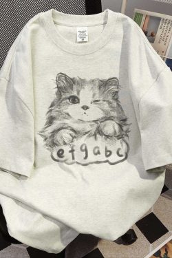 Plus Size Cat Print Short Sleeve T-Shirt for Women - Loose Fit Trendy American Style - Pure Cotton Niche Design