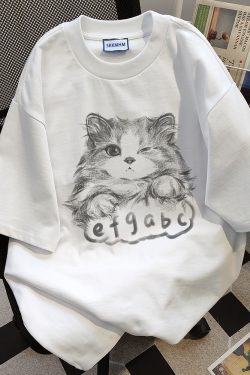 Plus Size Cat Print Short Sleeve T-Shirt for Women - Loose Fit Trendy American Style - Pure Cotton Niche Design
