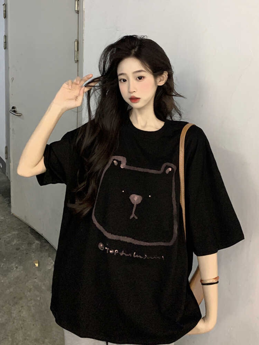 Plus Size Hong Kong Style Bear Print Short Sleeve T-Shirt for Women, Loose Fit Pure Cotton Mid-Length Couple Top Plus Size Hong Kong Style Bear Print Short Sleeve T-Shirt for Women, Loose Fit Pure Cotton Mid-Length Couple Top