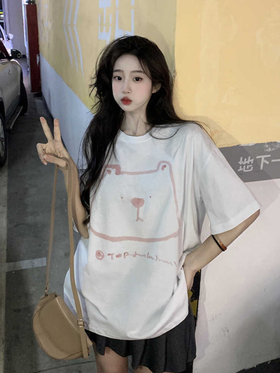 Plus Size Hong Kong Style Bear Print Short Sleeve T-Shirt for Women, Loose Fit Pure Cotton Mid-Length Couple Top Plus Size Hong Kong Style Bear Print Short Sleeve T-Shirt for Women, Loose Fit Pure Cotton Mid-Length Couple Top