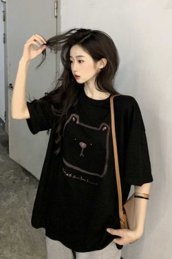 Plus Size Hong Kong Style Bear Print Short Sleeve T-Shirt for Women, Loose Fit Pure Cotton Mid-Length Couple Top