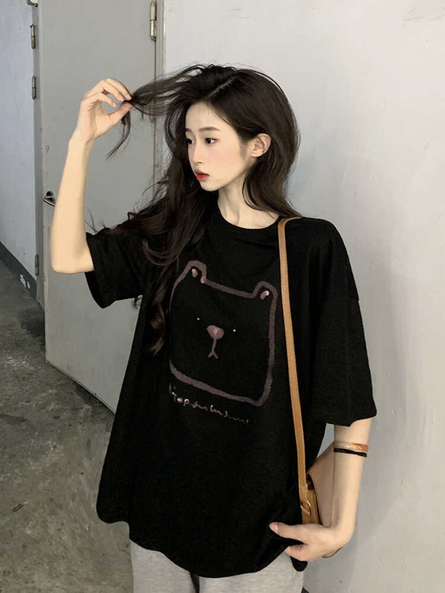 Plus Size Hong Kong Style Bear Print Short Sleeve T-Shirt for Women, Loose Fit Pure Cotton Mid-Length Couple Top Plus Size Hong Kong Style Bear Print Short Sleeve T-Shirt for Women, Loose Fit Pure Cotton Mid-Length Couple Top