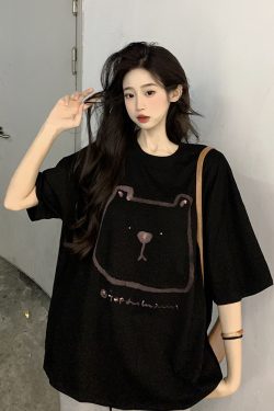Plus Size Hong Kong Style Bear Print Short Sleeve T-Shirt for Women, Loose Fit Pure Cotton Mid-Length Couple Top