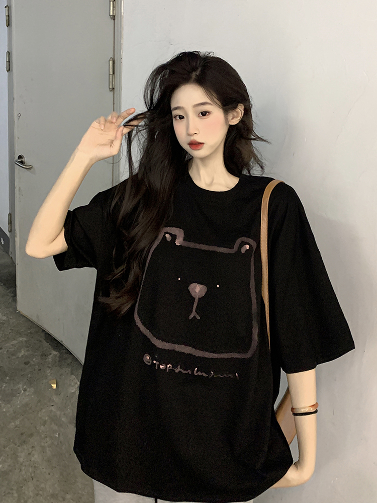 Plus Size Hong Kong Style Bear Print Short Sleeve T-Shirt for Women, Loose Fit Pure Cotton Mid-Length Couple Top Plus Size Hong Kong Style Bear Print Short Sleeve T-Shirt for Women, Loose Fit Pure Cotton Mid-Length Couple Top