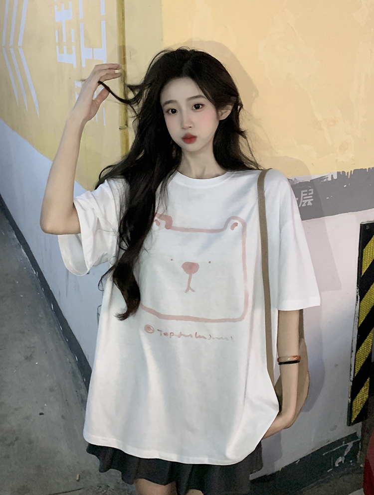 Plus Size Hong Kong Style Bear Print Short Sleeve T-Shirt for Women, Loose Fit Pure Cotton Mid-Length Couple Top Plus Size Hong Kong Style Bear Print Short Sleeve T-Shirt for Women, Loose Fit Pure Cotton Mid-Length Couple Top