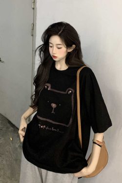 Plus Size Hong Kong Style Bear Print Short Sleeve T-Shirt for Women, Loose Fit Pure Cotton Mid-Length Couple Top