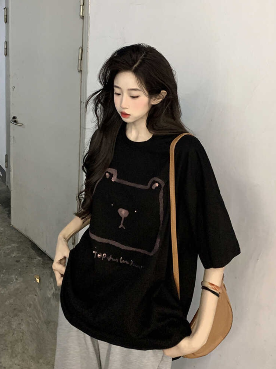 Plus Size Hong Kong Style Bear Print Short Sleeve T-Shirt for Women, Loose Fit Pure Cotton Mid-Length Couple Top Plus Size Hong Kong Style Bear Print Short Sleeve T-Shirt for Women, Loose Fit Pure Cotton Mid-Length Couple Top
