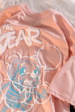 Plus Size Japanese-Style Retro Cartoon Bear Short Sleeve T-Shirt, Loose Fit for Couples, Pure Cotton, Casual Y2K Fashion