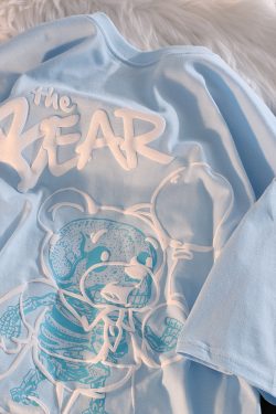 Plus Size Japanese-Style Retro Cartoon Bear Short Sleeve T-Shirt, Loose Fit for Couples, Pure Cotton, Casual Y2K Fashion