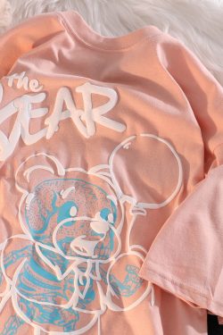 Plus Size Japanese-Style Retro Cartoon Bear Short Sleeve T-Shirt, Loose Fit for Couples, Pure Cotton, Casual Y2K Fashion