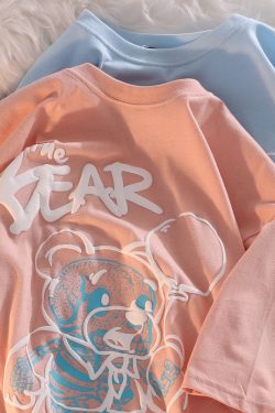 Plus Size Japanese-Style Retro Cartoon Bear Short Sleeve T-Shirt, Loose Fit for Couples, Pure Cotton, Casual Y2K Fashion