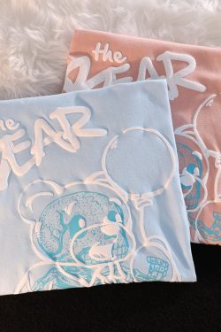 Plus Size Japanese-Style Retro Cartoon Bear Short Sleeve T-Shirt, Loose Fit for Couples, Pure Cotton, Casual Y2K Fashion