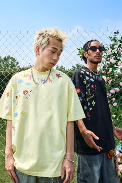 Plus Size Loose Cartoon Short Sleeve T-Shirt for Women and Men, Hip Hop Graffiti Style, Trendy 2025 Model, Casual Streetwear Fashion