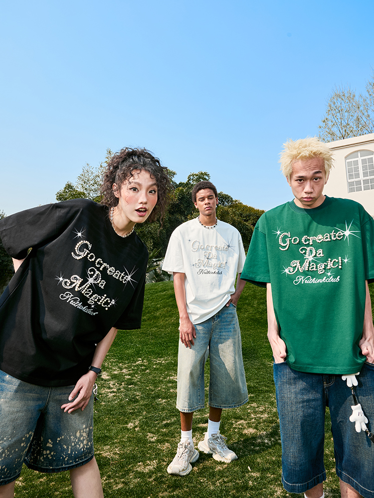 Plus Size Loose Pearl Letter Short Sleeve T-Shirt - American Vintage Unisex Summer Style 2025, Trendy Casual Wear for Y2K Fashion Plus Size Loose Pearl Letter Short Sleeve T-Shirt - American Vintage Unisex Summer Style 2025, Trendy Casual Wear for Y2K Fashion