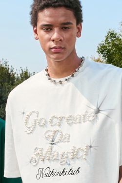 Plus Size Loose Pearl Letter Short Sleeve T-Shirt - American Vintage Unisex Summer Style 2025, Trendy Casual Wear for Y2K Fashion