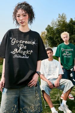 Plus Size Loose Pearl Letter Short Sleeve T-Shirt - American Vintage Unisex Summer Style 2025, Trendy Casual Wear for Y2K Fashion