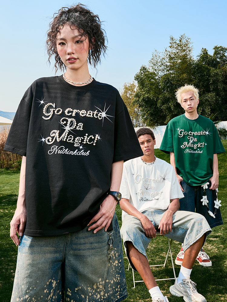 Plus Size Loose Pearl Letter Short Sleeve T-Shirt - American Vintage Unisex Summer Style 2025, Trendy Casual Wear for Y2K Fashion Plus Size Loose Pearl Letter Short Sleeve T-Shirt - American Vintage Unisex Summer Style 2025, Trendy Casual Wear for Y2K Fashion