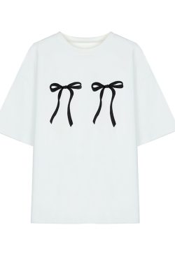 Plus Size Loose White Short-Sleeve T-Shirt for Women with Butterfly Knot Print, Harajuku Style, Casual Cotton Top for Students