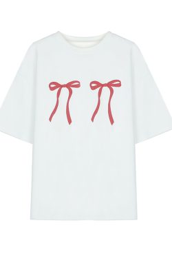 Plus Size Loose White Short-Sleeve T-Shirt for Women with Butterfly Knot Print, Harajuku Style, Casual Cotton Top for Students